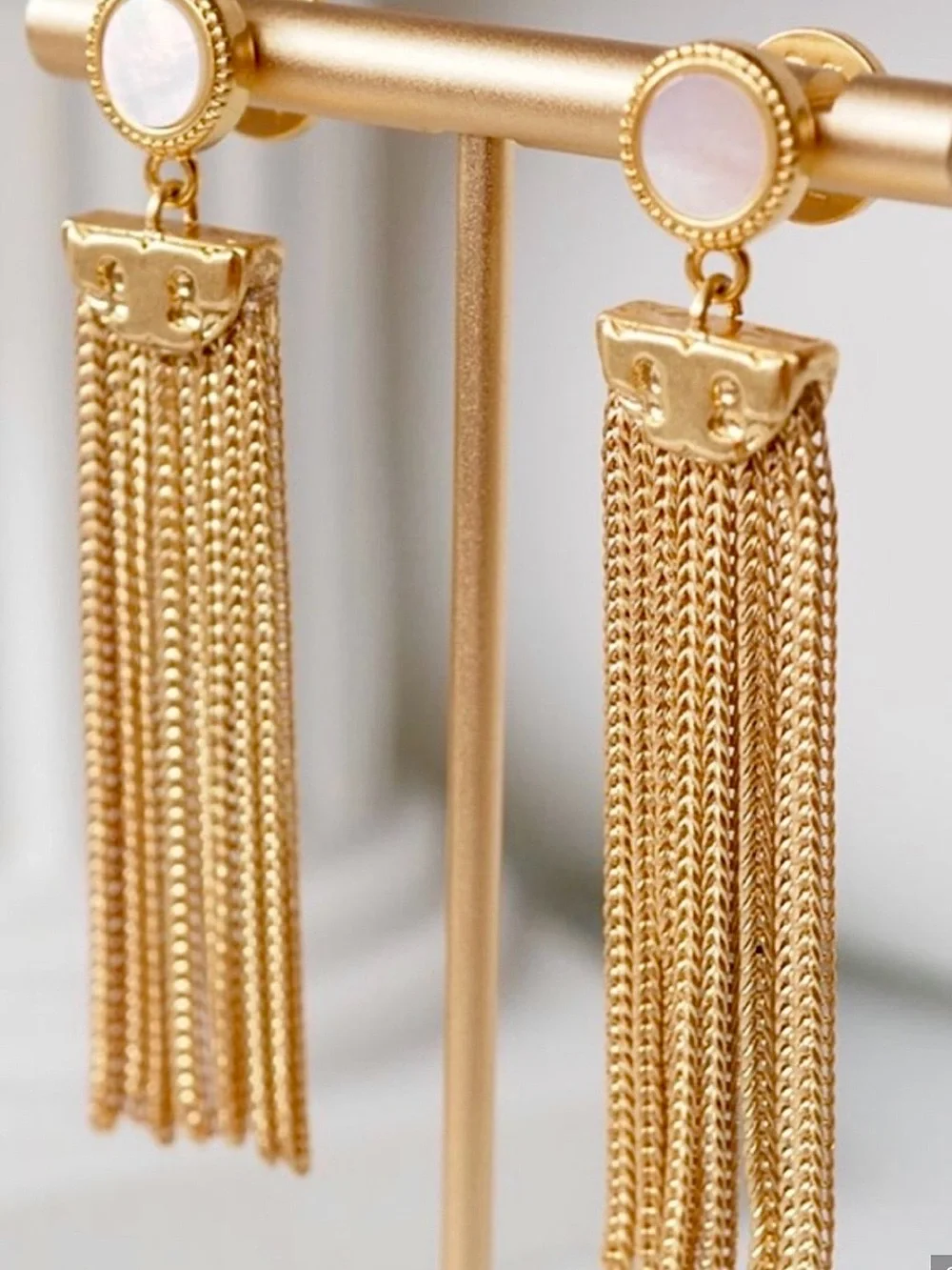 Tory Burch Dramatic Gold ChainTassel Earrings MOP Cabochon Pierced/Post
